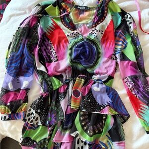 Desigual Neon Abstract Tiered Dress in Pink, Green, Purple and Black